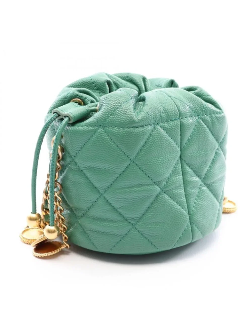 Chanel Shoulder Bag Quilted Mini Bucket Drawstring Green Caviar Leather Chain